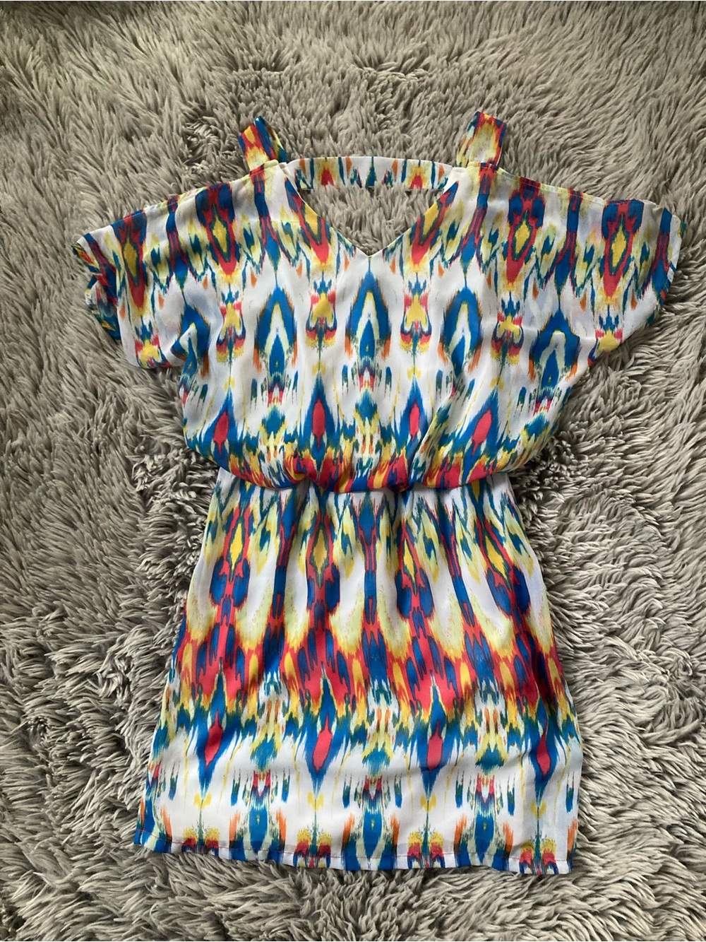 Bisou Bisou-size 2- Michele Bohbot cold shoulder dress vibrant ikat print